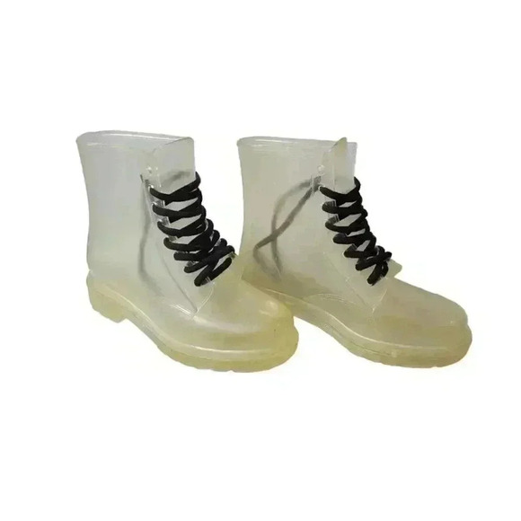 Women's Transparent Thick Sole Waterproof Ankle Rain Work Mud Boots Lace Up 7.5 - Picture 6 of 9